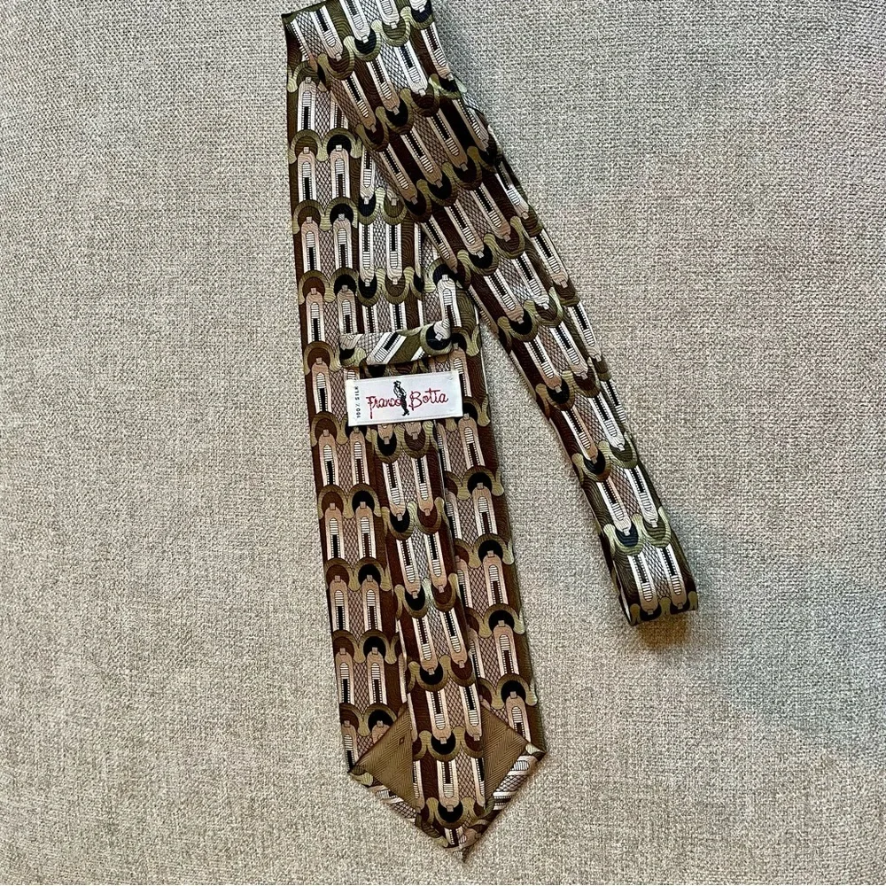 Franco Botia Vintage Art Deco 100% Silk Black Brown Green Champagne Classic Tie